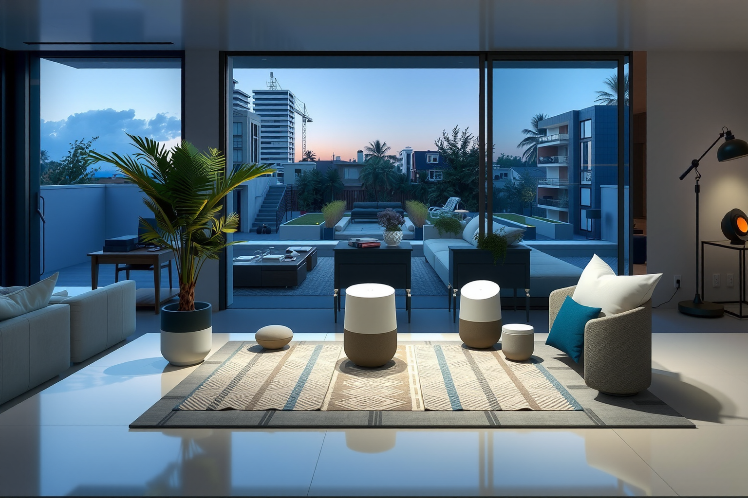 Google Assistant y otros asistentes inteligentes en una mesa de una moderna sala.