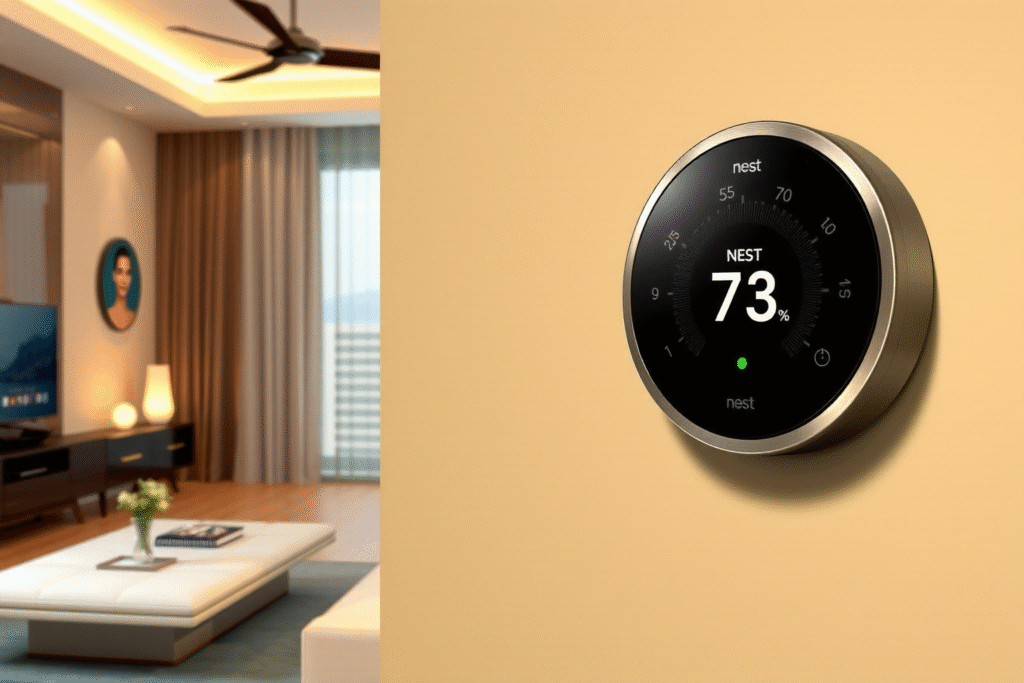 alt="Nest Thermostat 2025 instalado en la pared, mostrando la temperatura actual y el diseño circular inteligente"