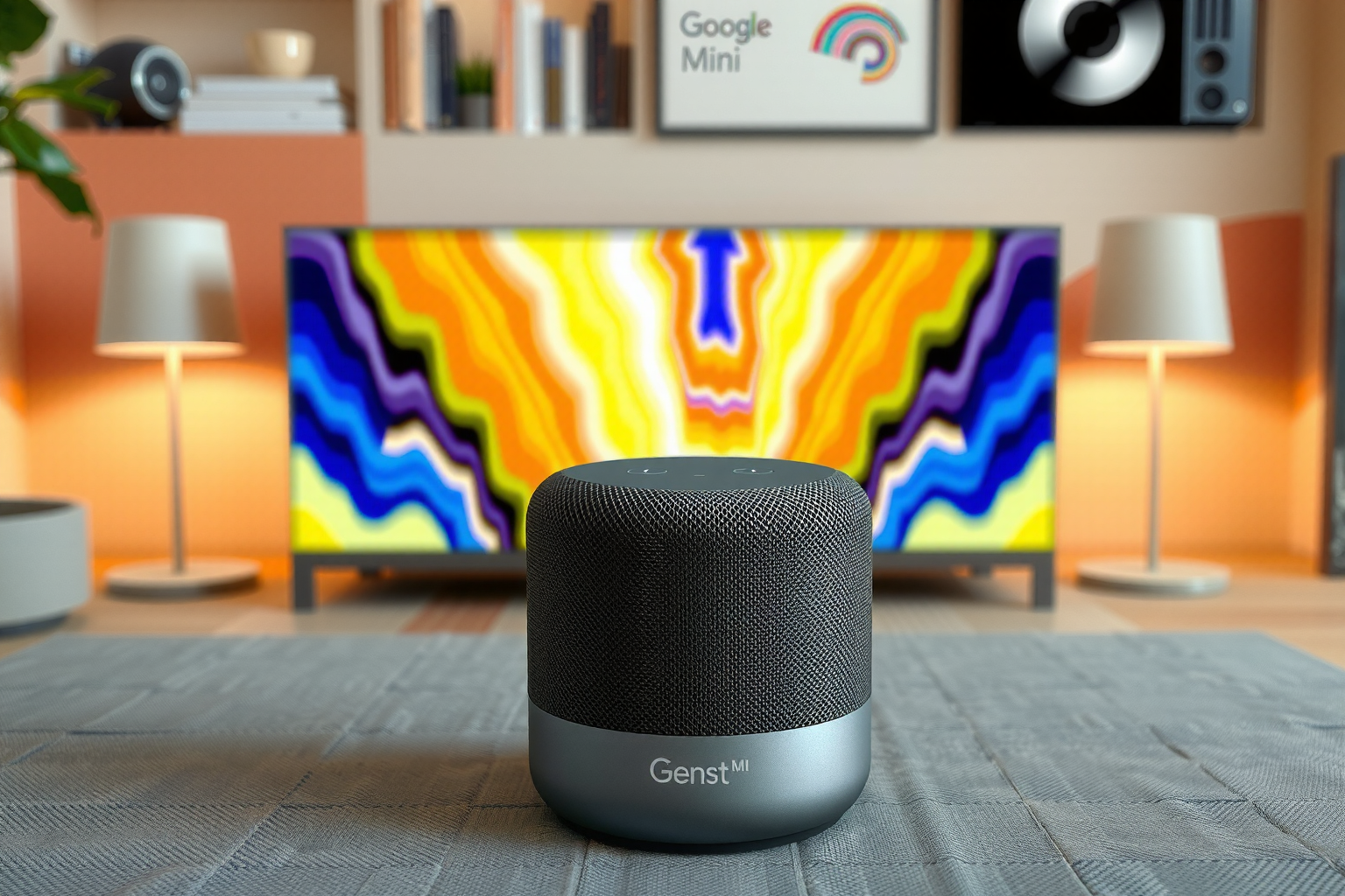 Google Nest Mini en una sala moderna, con fondo colorido y decoración de hogar inteligente